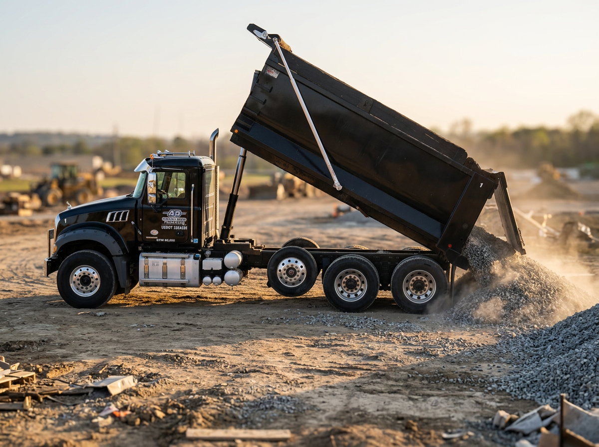 Black triaxle dump truck dumping a load of aggregate