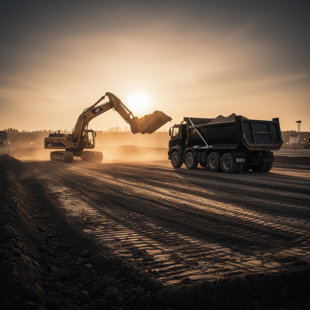 Excavator loading a dump truck on a construction site